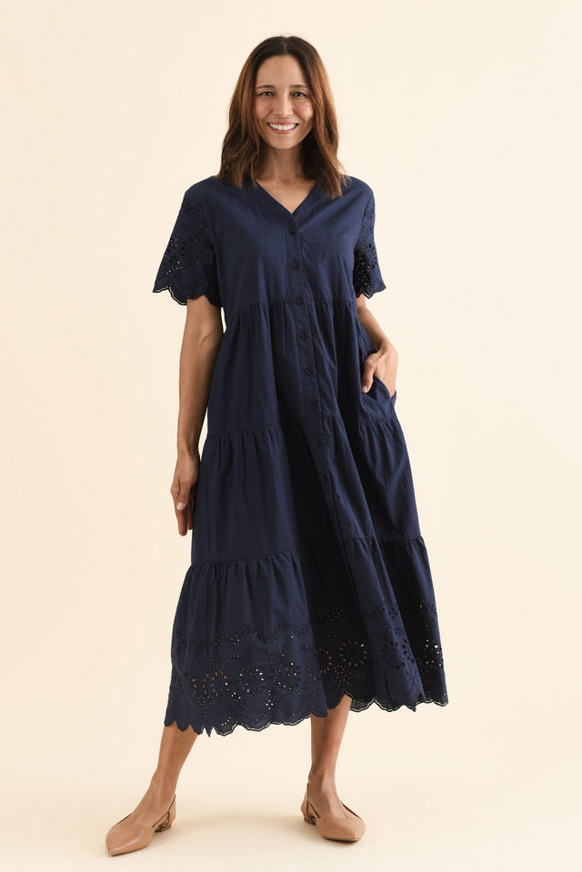 Lilith Navy Embroidered Cotton Dress,Full Body,Brunette model,alt text|model:Cara image 3