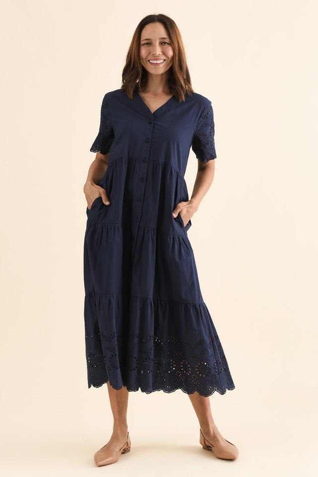 Lilith Navy Embroidered Cotton Dress,Front,Brunette model,alt text|model:Cara