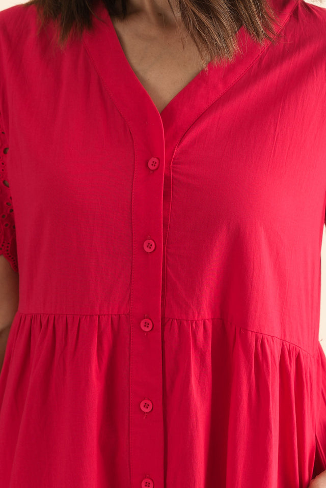 Lilith Red Embroidered Cotton Dress,Detail,Brunette model,alt text|model:Cara image 7