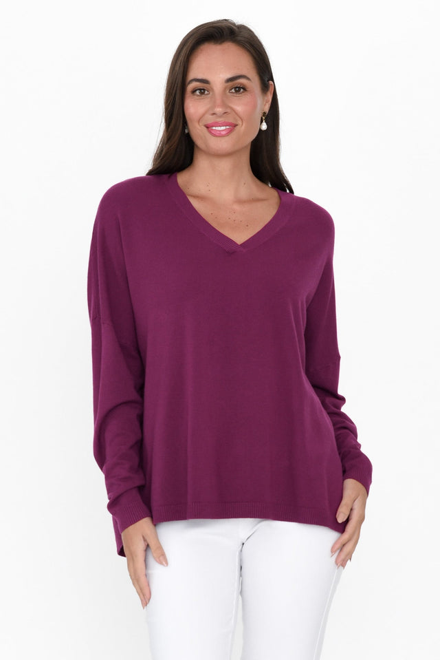 Linney Purple Wool Blend Jumper neckline_V Neck  alt text|model:MJ;wearing:S/M