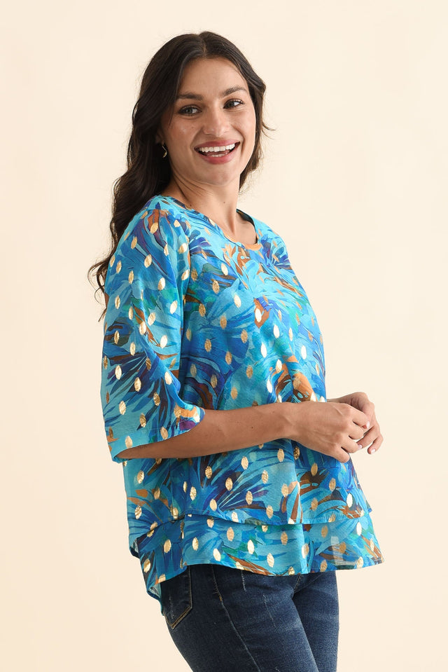 Liora Aqua Burst Foil Layered Top,Brunette model,alt text|model:Brontie image 4