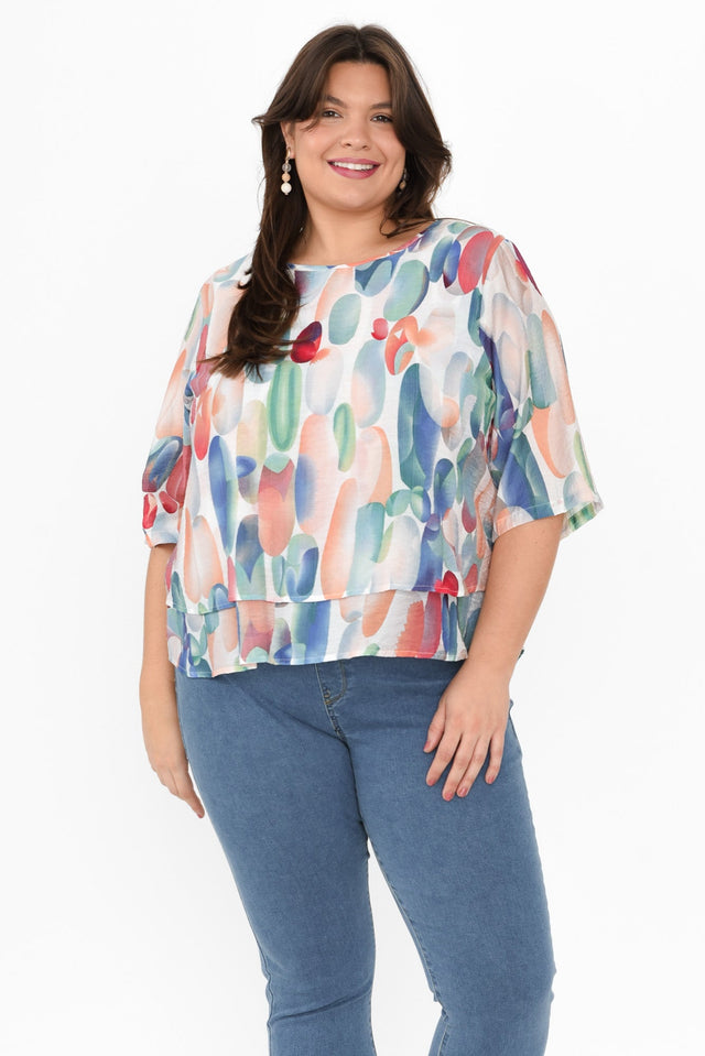 Liora Blue Abstract Layered Top,Brunette model,plus-size,curve-tops,plus-size-sleeved-tops,plus-size-work-edit,alt text|model:Gabby image 8