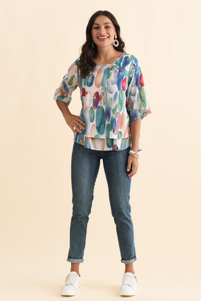 Liora Blue Abstract Layered Top,Brunette model,alt text|model:Brontie image 3