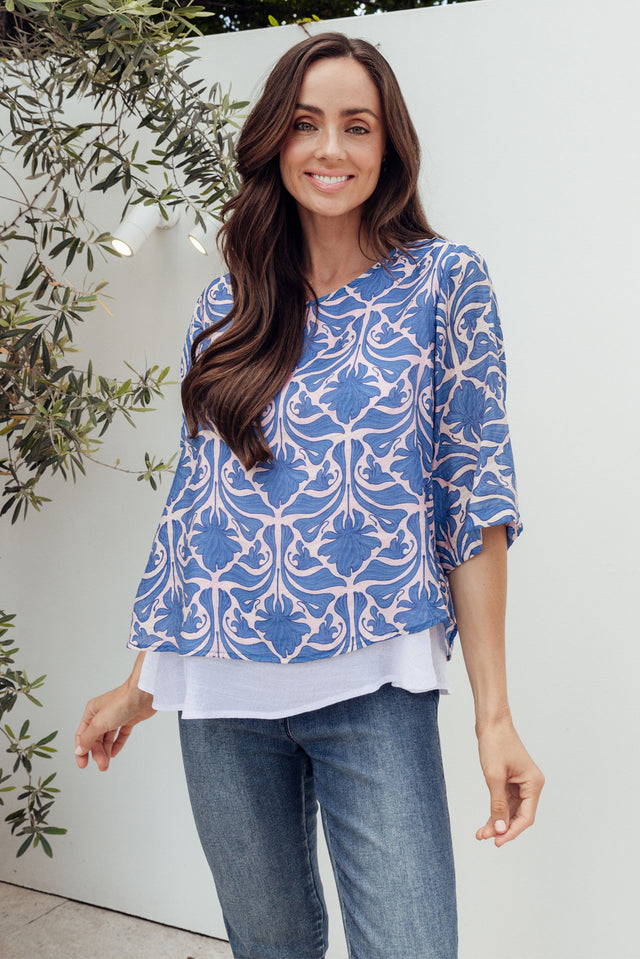 Liora Blue Damask Layered Top