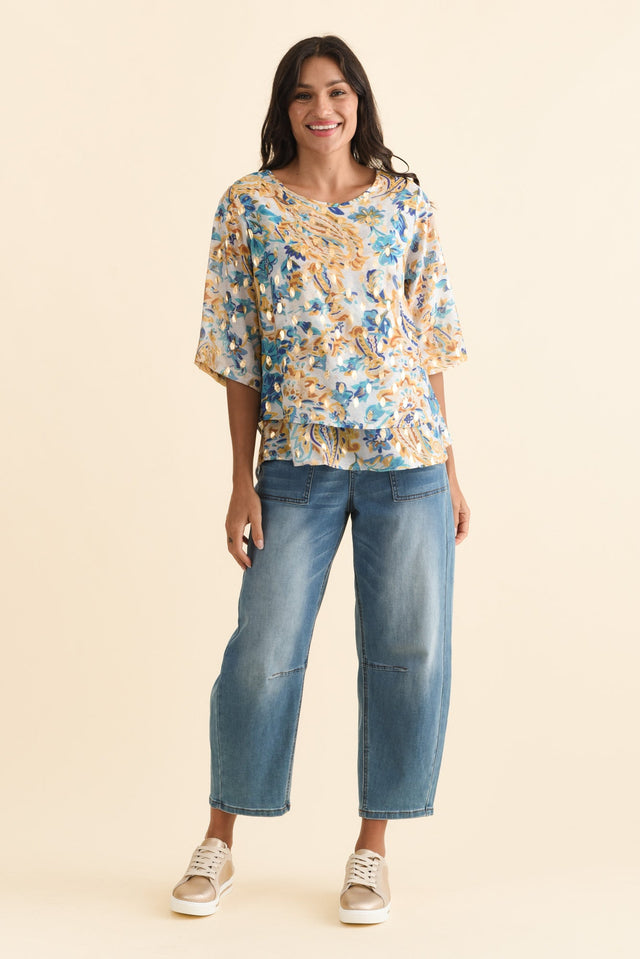 Liora Blue Paisley Foil Layered Top,Brunette model,alt text|model:Brontie image 7