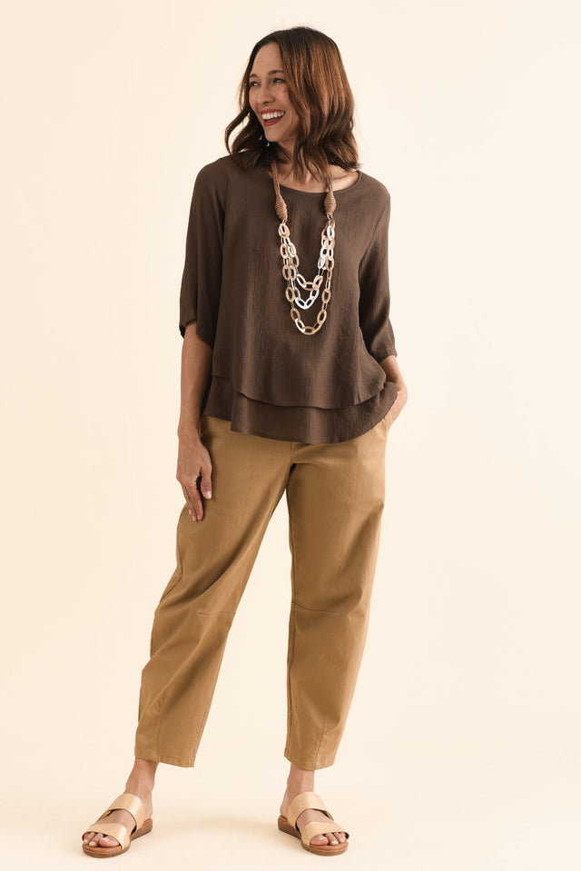 Liora Chocolate Layered Top,Full Body,Brunette model,alt text|model:Cara image 2