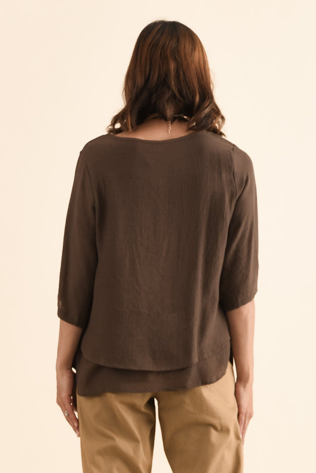 Liora Chocolate Layered Top,Back,Brunette model,alt text|model:Cara image 4