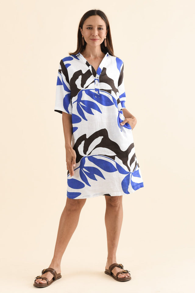 Lisbon Blue Leaf Linen Collared Dress,Front,Brunette model,alt text|model:Cara image 1