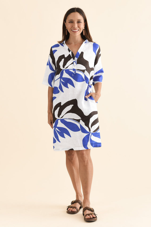Lisbon Blue Leaf Linen Collared Dress,Full Body,Brunette model,alt text|model:Cara image 2