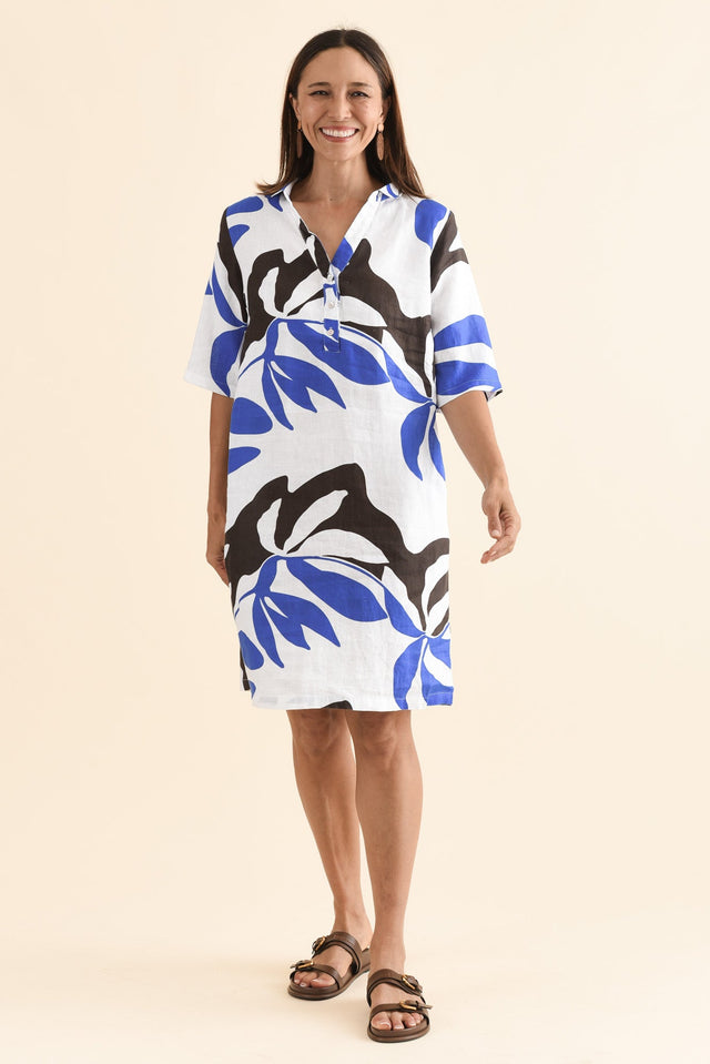 Lisbon Blue Leaf Linen Collared Dress,Full Body,Brunette model,alt text|model:Cara image 6