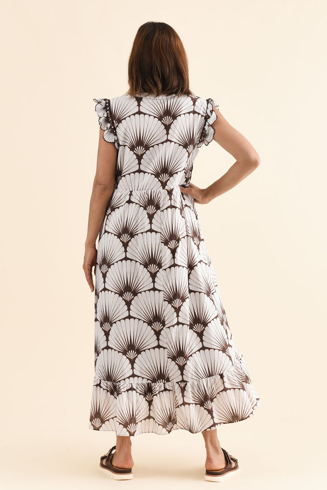 Livia Chocolate Abstract Flutter Sleeve Dress,Back,Brunette model,alt text|model:Cara image 4