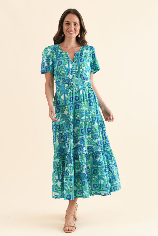Lixon Aqua Tile Cotton Midi Dress,Full Body,Brunette model,alt text|model:MJ image 6