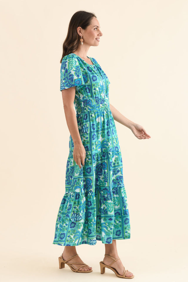 Lixon Aqua Tile Cotton Midi Dress,Side,Brunette model,alt text|model:MJ image 3