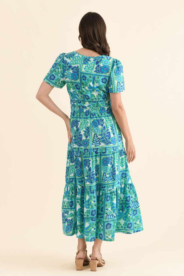 Lixon Aqua Tile Cotton Midi Dress,Back,Brunette model,alt text|model:MJ image 4