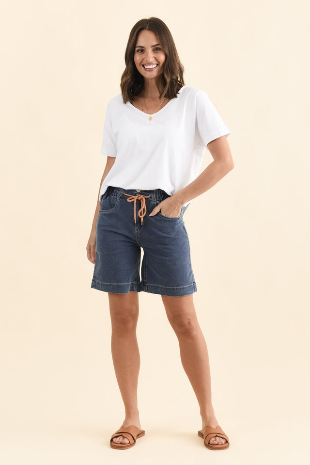 Lizzy Dark Blue Denim Drawstring Shorts,Brunette model,alt text|model:MJ image 3