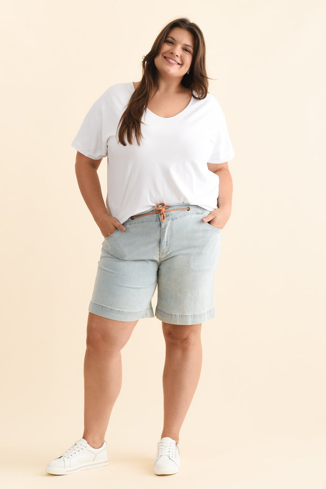 Lizzy Light Blue Denim Drawstring Shorts,Brunette model,alt text|model:Gabby image 11