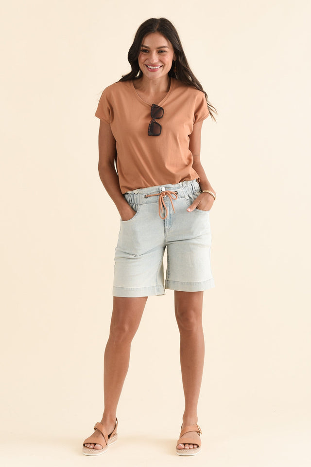 Lizzy Light Blue Denim Drawstring Shorts,Full Body,Brunette model,alt text|model:Brontie image 4