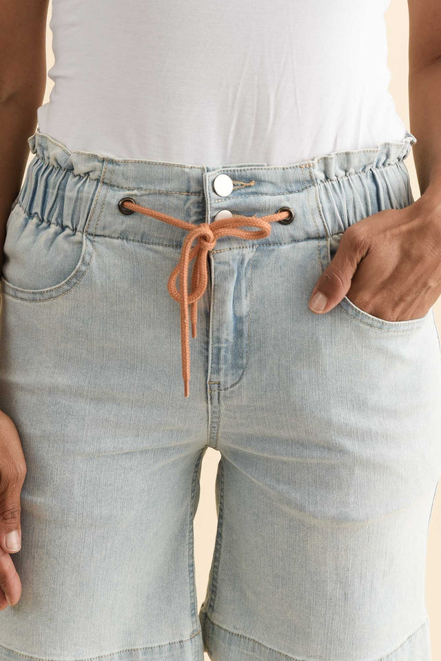 Lizzy Light Blue Denim Drawstring Shorts,Brunette model,alt text|model:Cara image 8