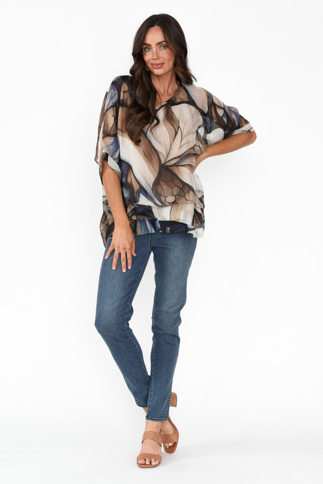 Loddie Beige Abstract Silk Top