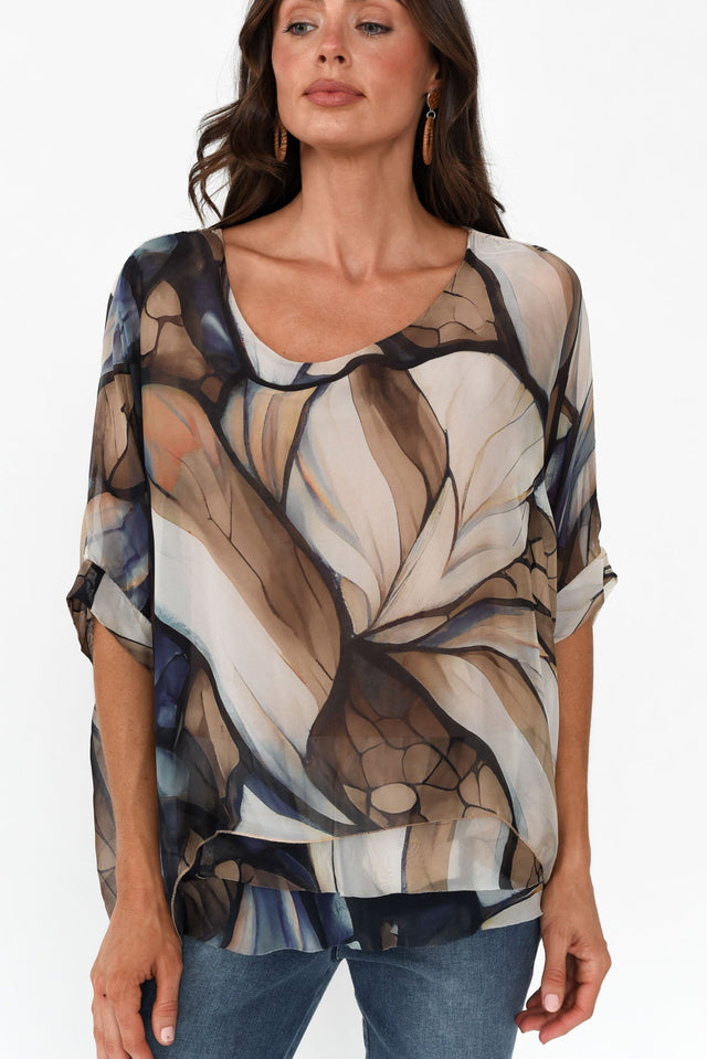 Loddie Beige Abstract Silk Top