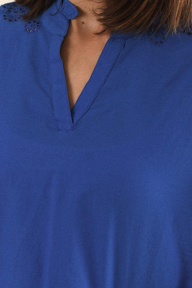 Loretta Cobalt Cotton Embroidered Blouse,Detail,Brunette model,alt text|model:Cara image 5
