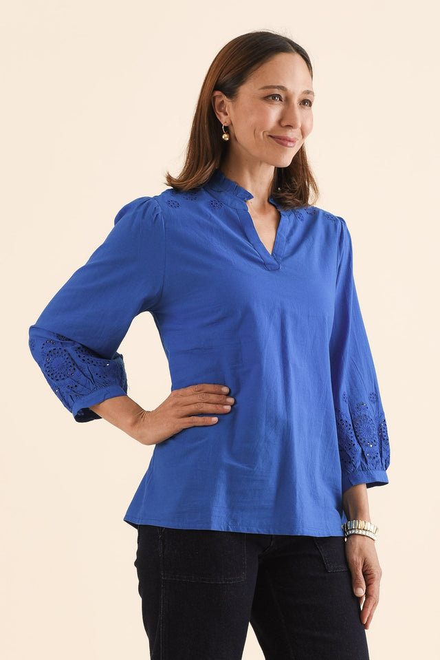 Loretta Cobalt Cotton Embroidered Blouse,Side,Brunette model,alt text|model:Cara image 3