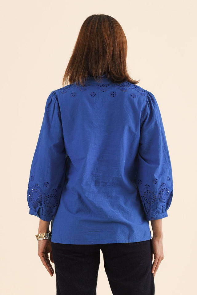 Loretta Cobalt Cotton Embroidered Blouse,Back,Brunette model,alt text|model:Cara image 4