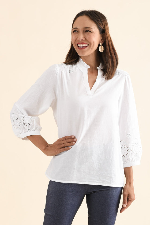 Loretta White Cotton Embroidered Blouse