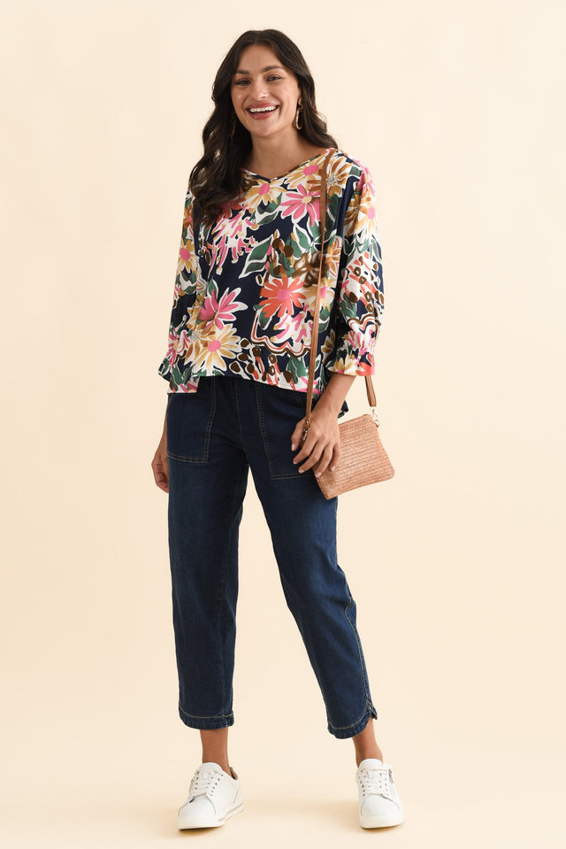 Lourdes Navy Floral Frill Sleeve Top,Brunette model,alt text|model:Brontie image 3