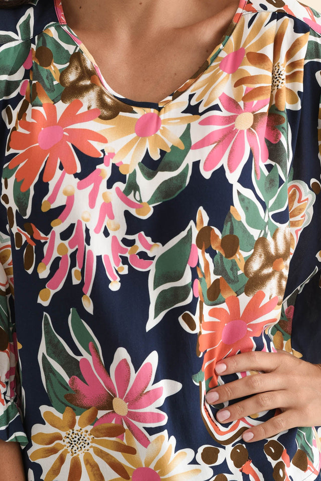 Lourdes Navy Floral Frill Sleeve Top,Brunette model,alt text|model:Brontie image 6