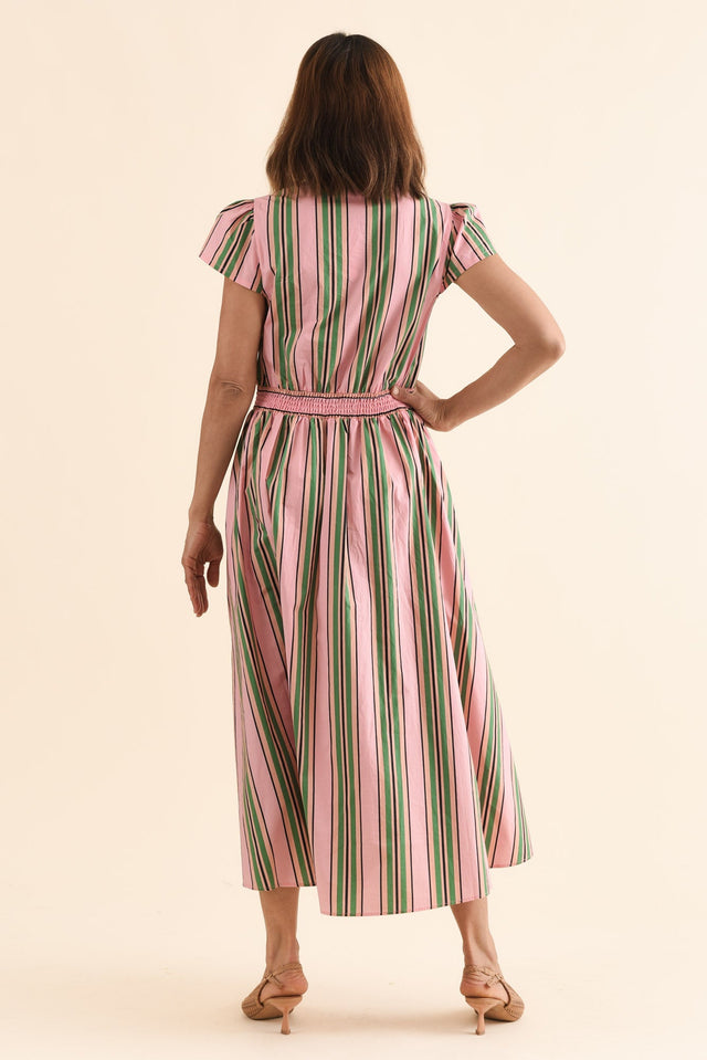 Luanne Green Stripe Cotton Button Dress,Back,Brunette model,alt text|model:Cara image 4