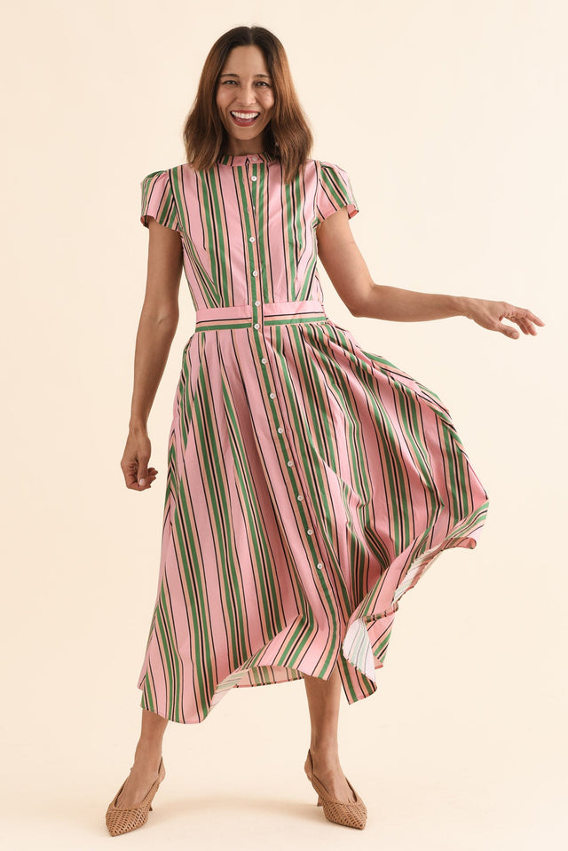 Luanne Green Stripe Cotton Button Dress,Full Body,Brunette model,alt text|model:Cara image 2