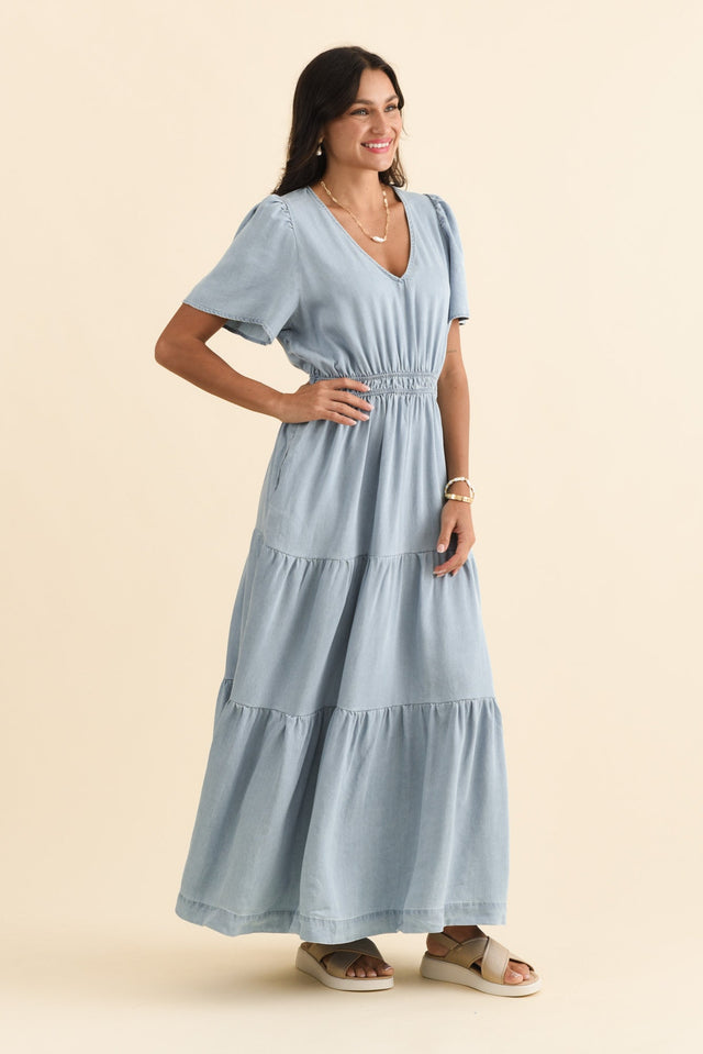 Luca Light Blue Tencel Tier Dress,Brunette model,alt text|model:Brontie image 5