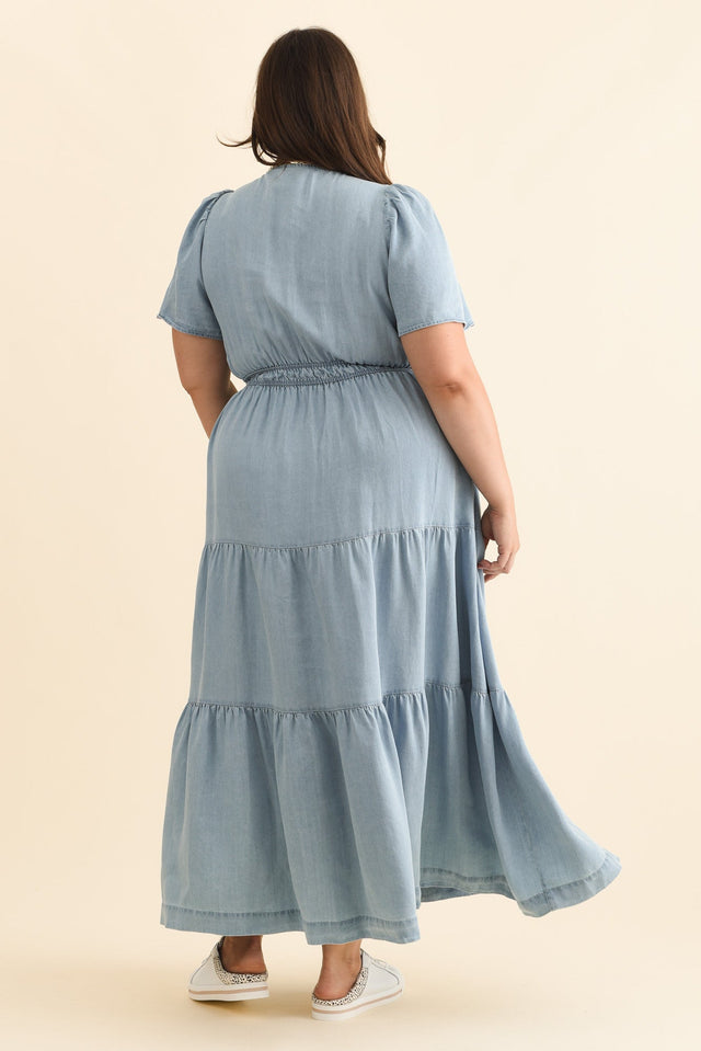 Luca Light Blue Tencel Tier Dress,Brunette model,alt text|model:Gabby image 12