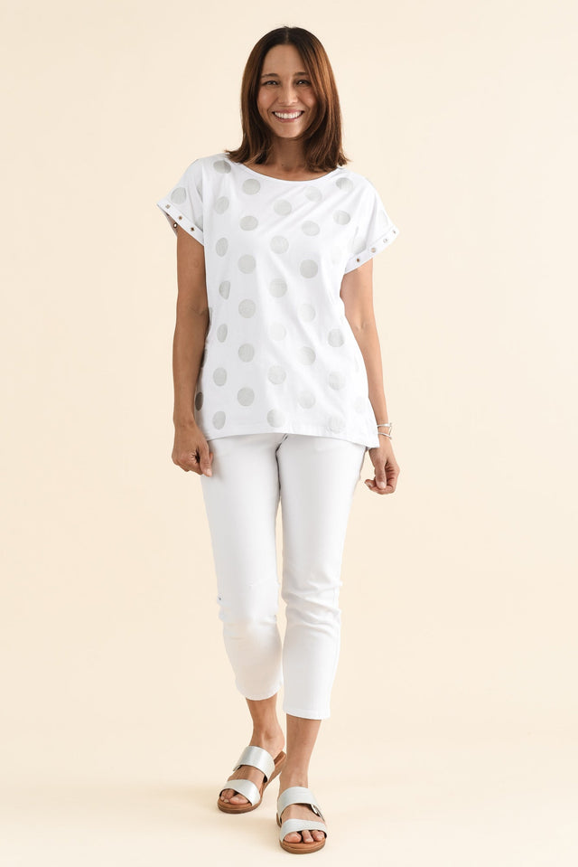 Lumi White Foil Spot Cotton Tee,Full Body,Brunette model,alt text|model:Cara image 3