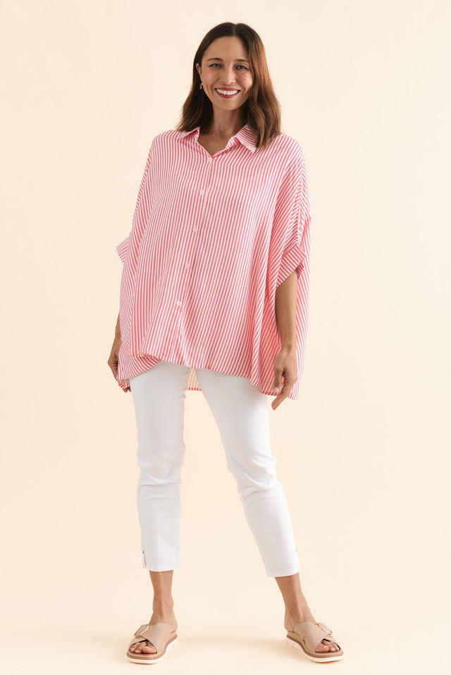 Luna Melon Stripe Button Shirt,Full Body,Brunette model,alt text|model:Cara