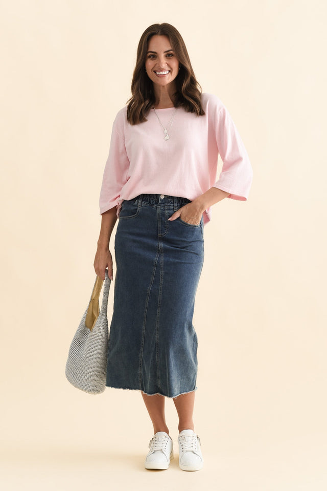 Lusia Dark Blue Denim Tie Skirt,Brunette model,alt text|model:MJ image 3
