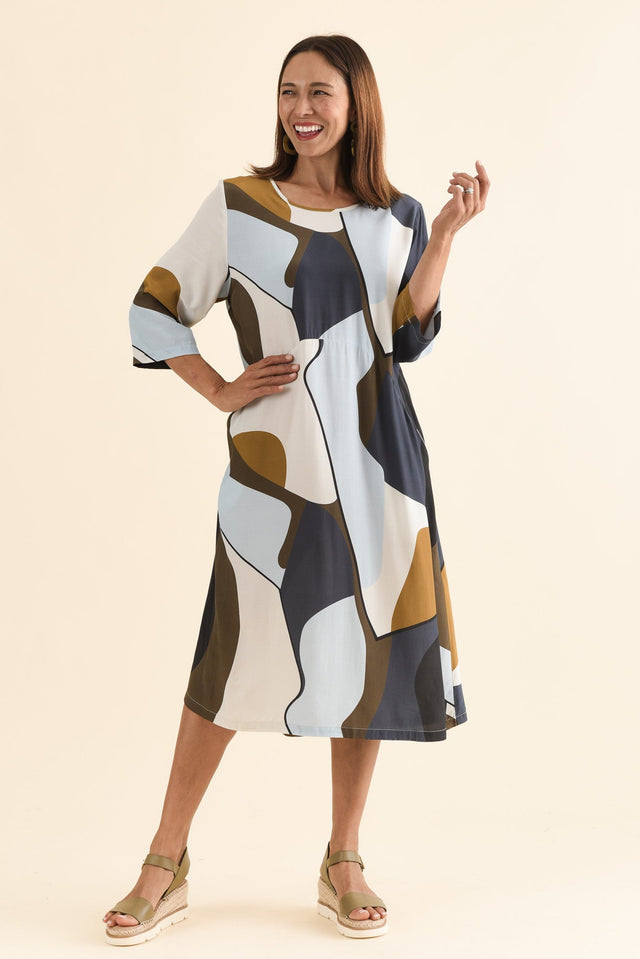Lydia Navy Abstract Crescent Pocket Dress,Full Body,Brunette model,alt text|model:Cara image 6
