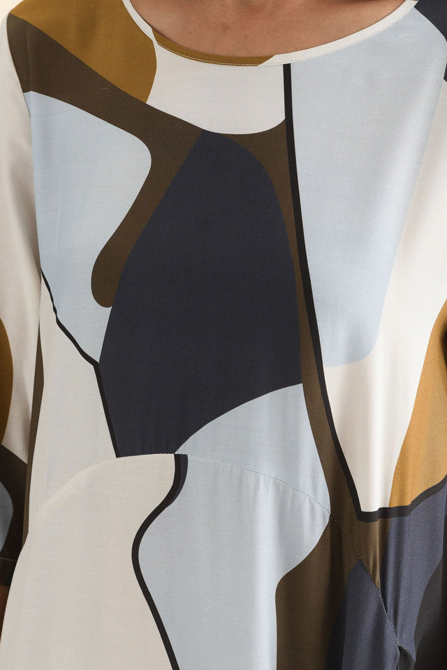 Lydia Navy Abstract Crescent Pocket Dress,Detail,Brunette model,alt text|model:Cara image 5