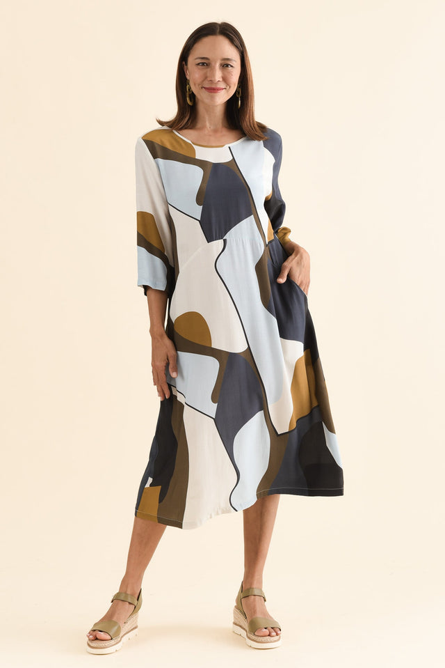 Lydia Navy Abstract Crescent Pocket Dress,Front,Brunette model,alt text|model:Cara