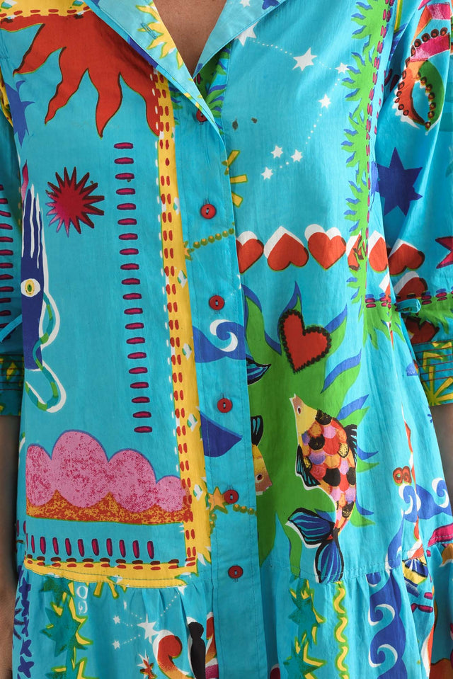 Lynwood Blue Mosaic Cotton Tie Dress,Detail,Brunette model,alt text|model:MJ image 5