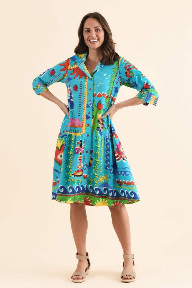 Lynwood Blue Mosaic Cotton Tie Dress,Full Body,Brunette model,alt text|model:MJ image 6
