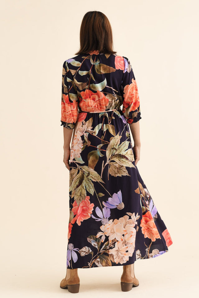 Lyria Navy Floral Tie Dress,brunette model,Back of Outfit,alt text|model:Cara image 4