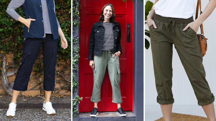 Brunette women wearing a variety of cropped or rolled up cargo pants