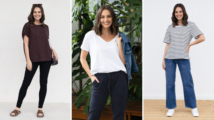 Brunette woman in casual relaxed T-shirts smiles and poses.