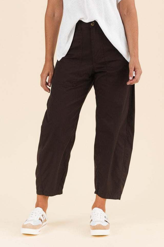 Mabel Chocolate Cotton Barrel Pants,Front,Brunette model,alt text|model:Laura
