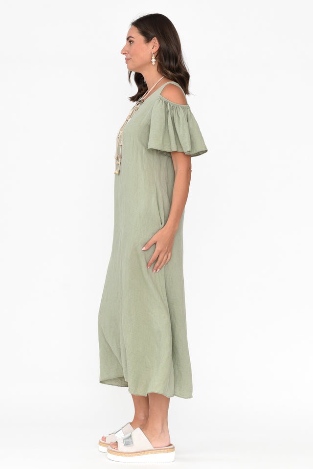 Mabrie Khaki Linen Cold Shoulder Dress