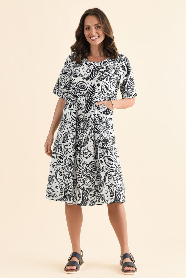 Mackie Navy Fern Cotton Pocket Dress,Front,Brunette model,alt text|model:MJ