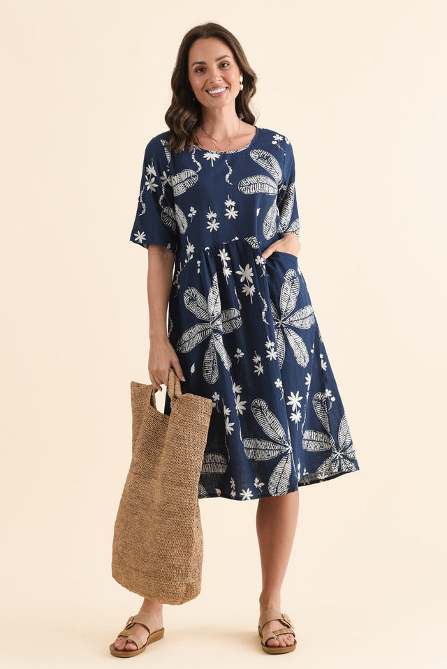 Mackie Navy Flower Cotton Pocket Dress,Front,Brunette model,alt text|model:MJ