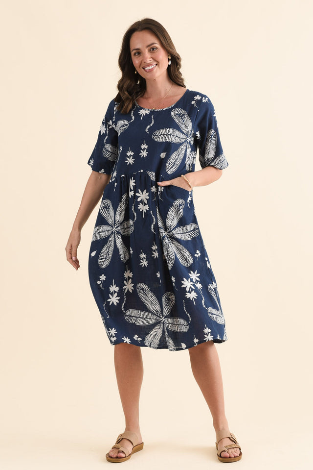 Mackie Navy Flower Cotton Pocket Dress,Full Body,Brunette model,alt text|model:MJ